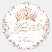 Roze Gouden Prinses Kroon 1e Verjaardag Ballonnen Ronde Sticker (Voorkant)