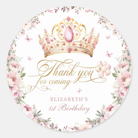 Roze Gouden Prinses Kroon 1e Verjaardag Ballonnen Ronde Sticker (Voorkant)