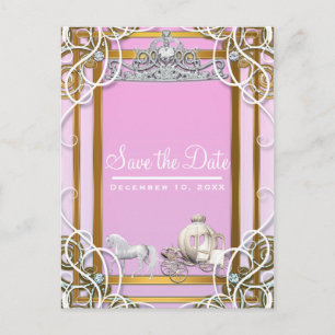 Roze Gouden Prinses Kroon & Koets Save the Date Aankondigingskaart