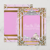 Roze Gouden Prinses Kroon & Koets Save the Date Aankondigingskaart (Voorkant / Achterkant)