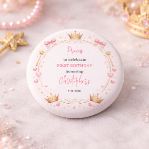 Roze Gouden Prinses Kroon Sprookje 1e Verjaardag Ronde Button 3,2 Cm