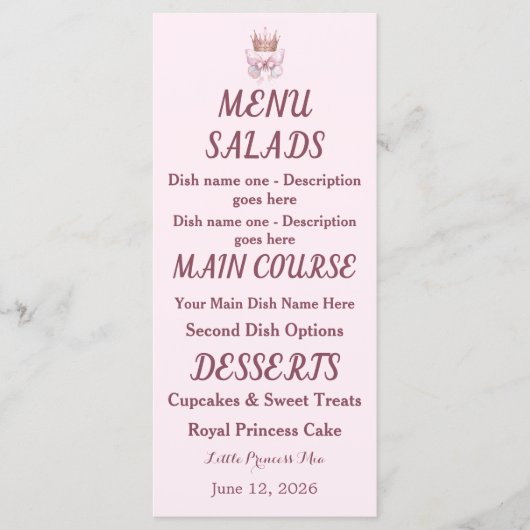 Roze Gouden Prinses Kroon Vlinder Envelop Voering Menu (Voorkant)
