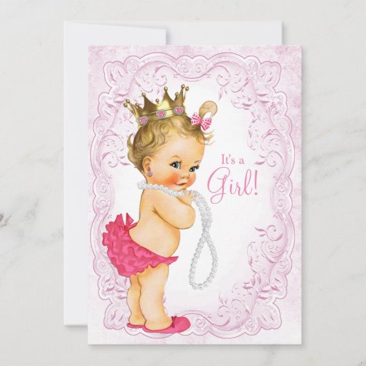 roze gouden prinses parel baby meisje douche kaart (Voorkant)