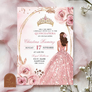 Roze Gouden Prinses Quinceanera Uitnodiging