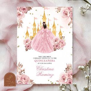 Roze Gouden Prinses Sprookjeskasteel Quinceanera Kaart