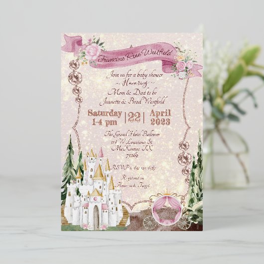 Roze Gouden Prinses Uitnodiging (Staand Voorkant)