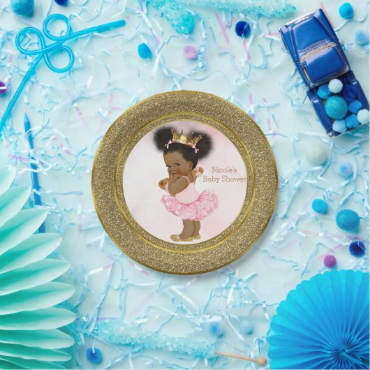 Roze Gouden Prinses  Zwart Baby Meisje Douche Papieren Bordje (Feest)