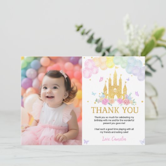 Roze Gouden Prinsessen Kasteel Verjaardag Bedankt  (Staand voorkant)