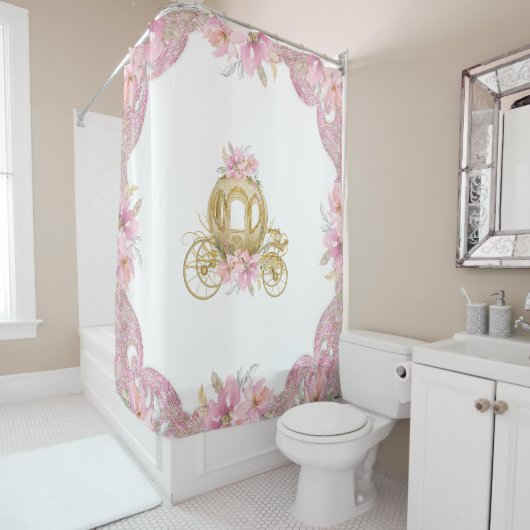 Roze Gouden Prinsessen Koets Douchegordijn (In situ)