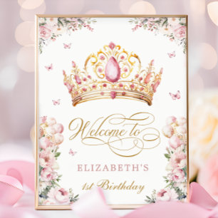 Roze Gouden Prinsessen Kroon 1e Verjaardag Welkom Poster