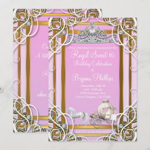 Roze Gouden Prinsessen Kroon & Koets Sweet 16 Fees Kaart