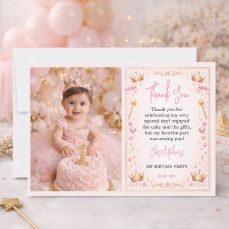 Roze Gouden Prinsessen Kroon Sprookje 1e Verjaarda Bedankkaart