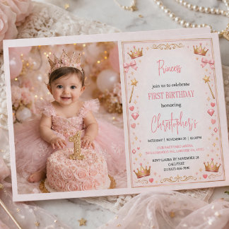 Roze Gouden Prinsessen Kroon Sprookje 1e Verjaarda Kaart