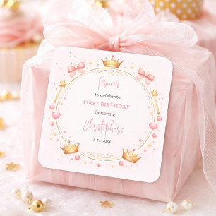 Roze Gouden Prinsessen Kroon Sprookje 1e Verjaarda Vierkante Sticker