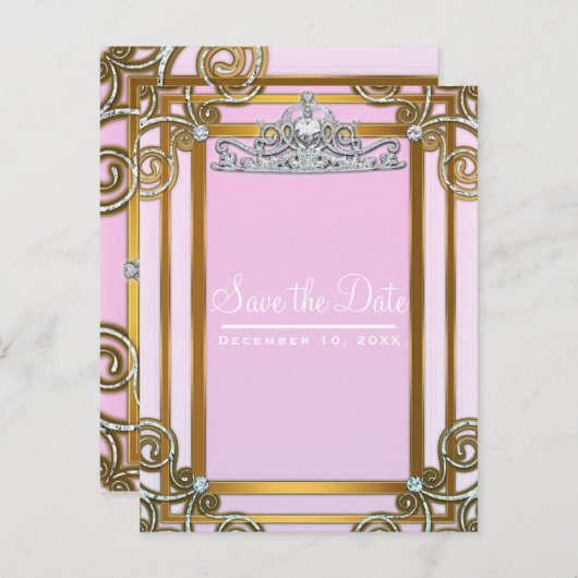 Roze & Gouden Prinsessen Kroon Tiara Bewaar de Dat Aankondigingskaart (Voorkant / Achterkant)