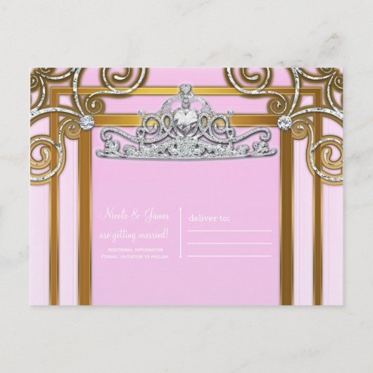 Roze & Gouden Prinsessen Kroon Tiara Bewaar de Dat Aankondigingskaart (Achterkant)