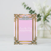 Roze & Gouden Prinsessen Kroon Tiara Save the Date Aankondigingskaart (Staand voorkant)