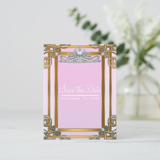 Roze & Gouden Prinsessen Kroon Tiara Save the Date Aankondigingskaart (Staand voorkant)