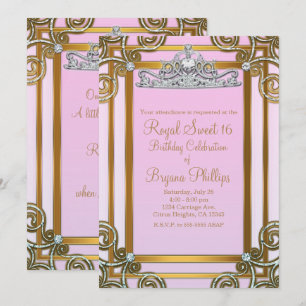 Roze & Gouden Prinsessen Kroon Tiara Sweet 16 Fees Kaart