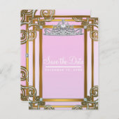 Roze & Gouden Prinsessenkroon Tiara Save the Date Aankondigingskaart (Voorkant / Achterkant)