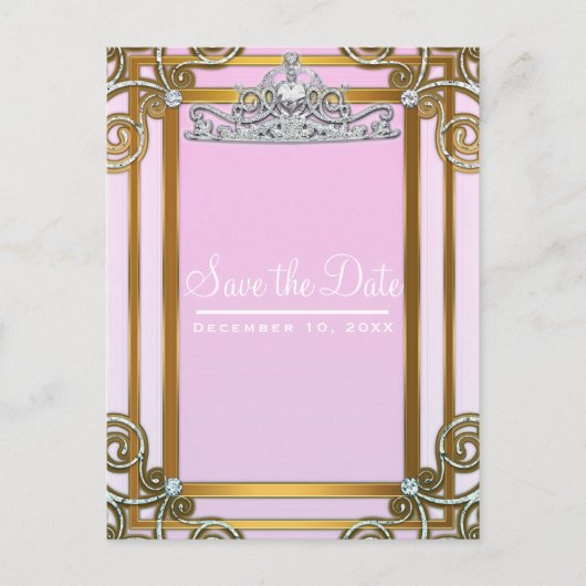 Roze & Gouden Prinsessenkroon Tiara Save the Date Aankondigingskaart (Voorkant)