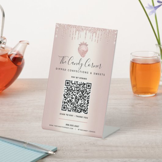 Roze Gouden QR Code Betaal Hier Aardbeien Glitter  Reclamebord Met Voetstuk (Insitu)