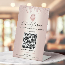 Roze Gouden QR Code Betaal Hier Aardbeien Glitter  Reclamebord Met Voetstuk