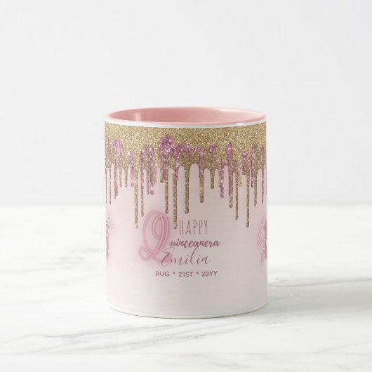 Roze Gouden Quinceanera Aangepast Cadeau Zwart Haa Mok (Midden)