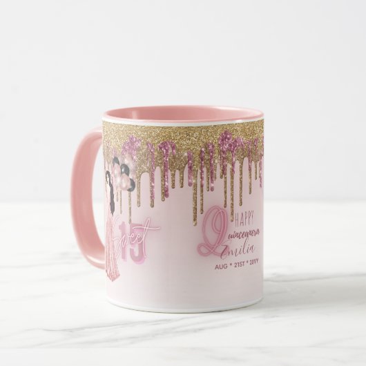 Roze Gouden Quinceanera Aangepast Cadeau Zwart Haa Mok (Voorkant links)