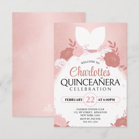 Roze Gouden Quinceanera﻿ Bloemenkroon Prinsessenju Kaart (Voorkant / Achterkant)