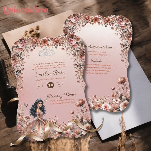 Roze Gouden Quinceanera Jurk Bloemrozen Kaart