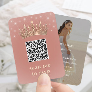 Roze Gouden Quinceañera Kroon Scan Mijn QR RSVP Informatiekaartje