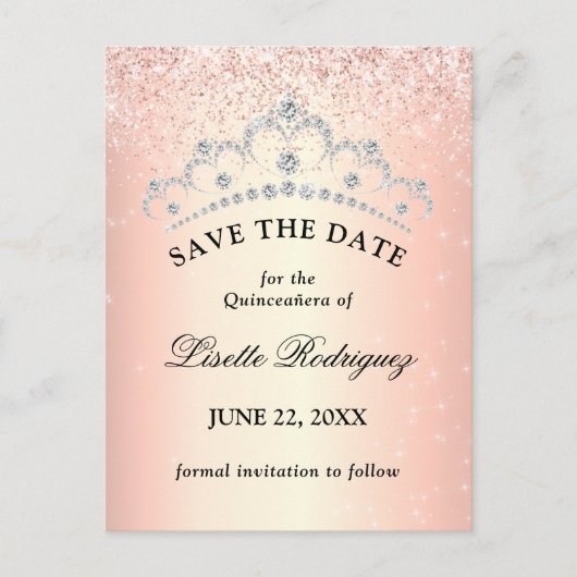 Roze Gouden Quinceanera Save The Date Briefkaart (Voorkant)