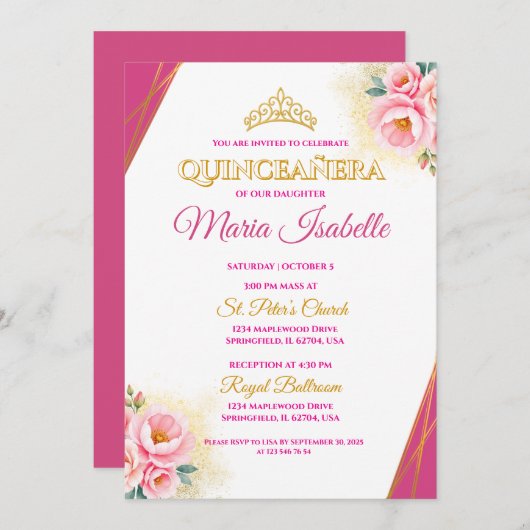 Roze & Gouden Quinceañera Uitnodiging (Voorkant / Achterkant)