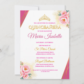 Roze & Gouden Quinceañera Uitnodiging