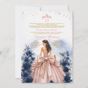 Roze gouden Quinceañera-uitnodiging met marineblau Kaart