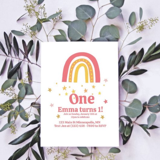 Roze Gouden Regenboog 1e Verjaardag Kaart
