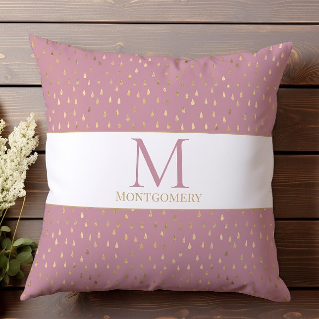 Roze Gouden Regendruppel Moderne Trendy Monogram Kussen (Creator heeft geüpload)