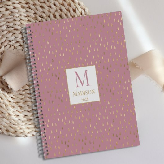 Roze Gouden Regendruppel Moderne Trendy Monogram Planner