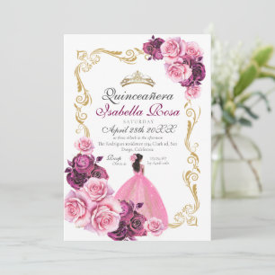 Roze Gouden Roos Bloemige Quinceanera XV Años Kaart