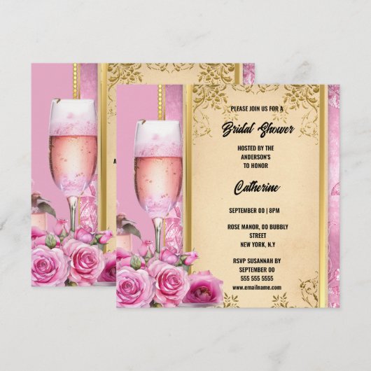 Roze gouden roos mousserende wijn luxe bruids feestdagenkaart (Voorkant / Achterkant)