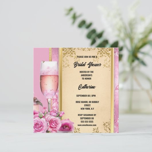 Roze gouden roos mousserende wijn luxe bruids feestdagenkaart (Staand voorkant)