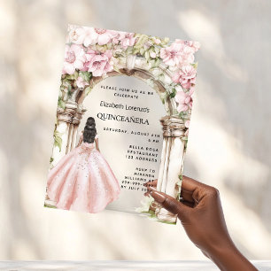 Roze gouden roze bloemen boog jurk Quinceanera Acryl Uitnodigingen