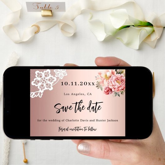 Roze gouden roze bloemen kant bruiloft save the date
