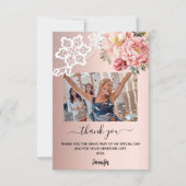 Roze gouden roze bloemen kant foto bedankkaart (Voorkant)