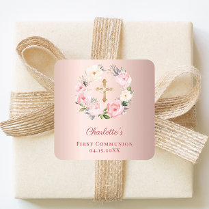 Roze gouden roze bloemenkrans Eerste Communie Vierkante Sticker
