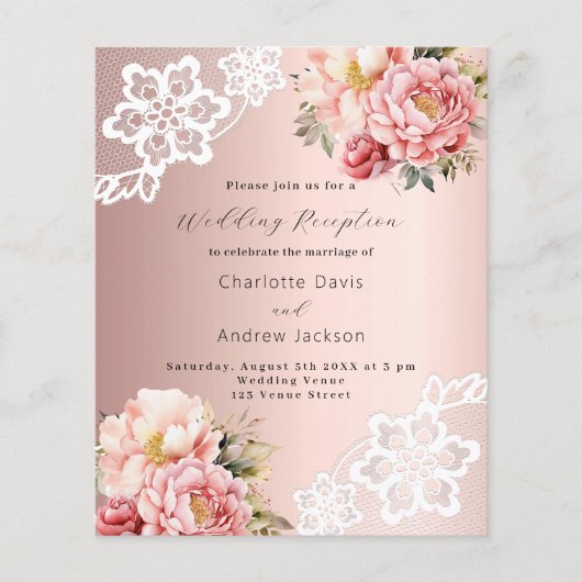 Roze gouden roze bloemige huwelijksreceptie uitnod (Voorkant)
