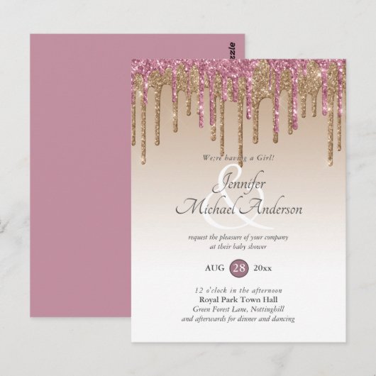 Roze Gouden Roze Druppelende Glitters Baby Meisje  Briefkaart