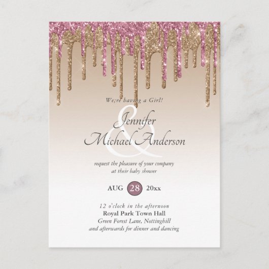 Roze Gouden Roze Druppelende Glitters Baby Meisje  Briefkaart (Voorkant)