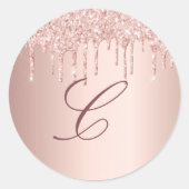 Roze gouden roze druppels monogram initiaal ronde sticker (Voorkant)